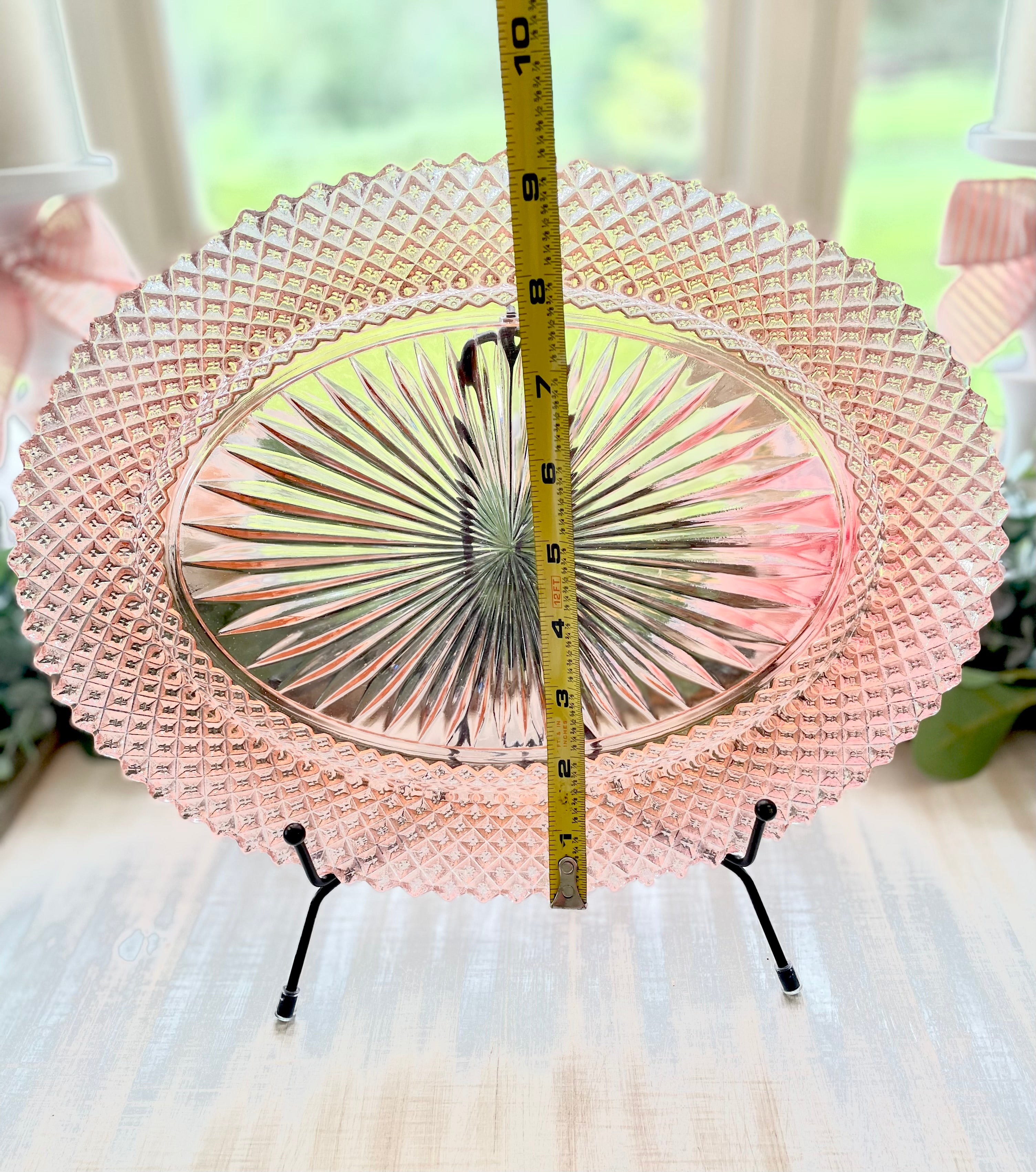 Pink depression glass cake plate hotsell