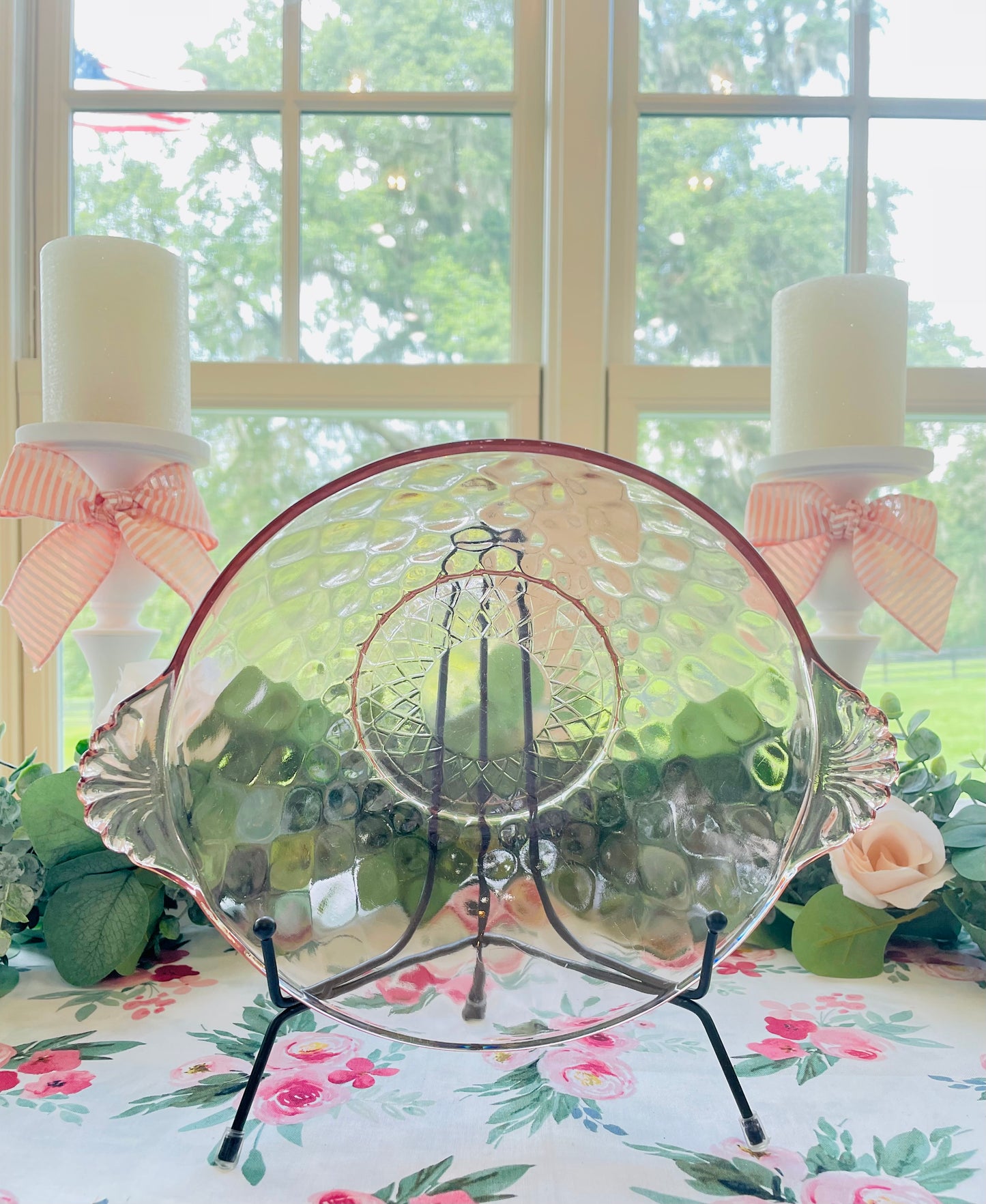 Antique 1930s Pink Depression Glass Berry Bowl with Ornate Glass Handles