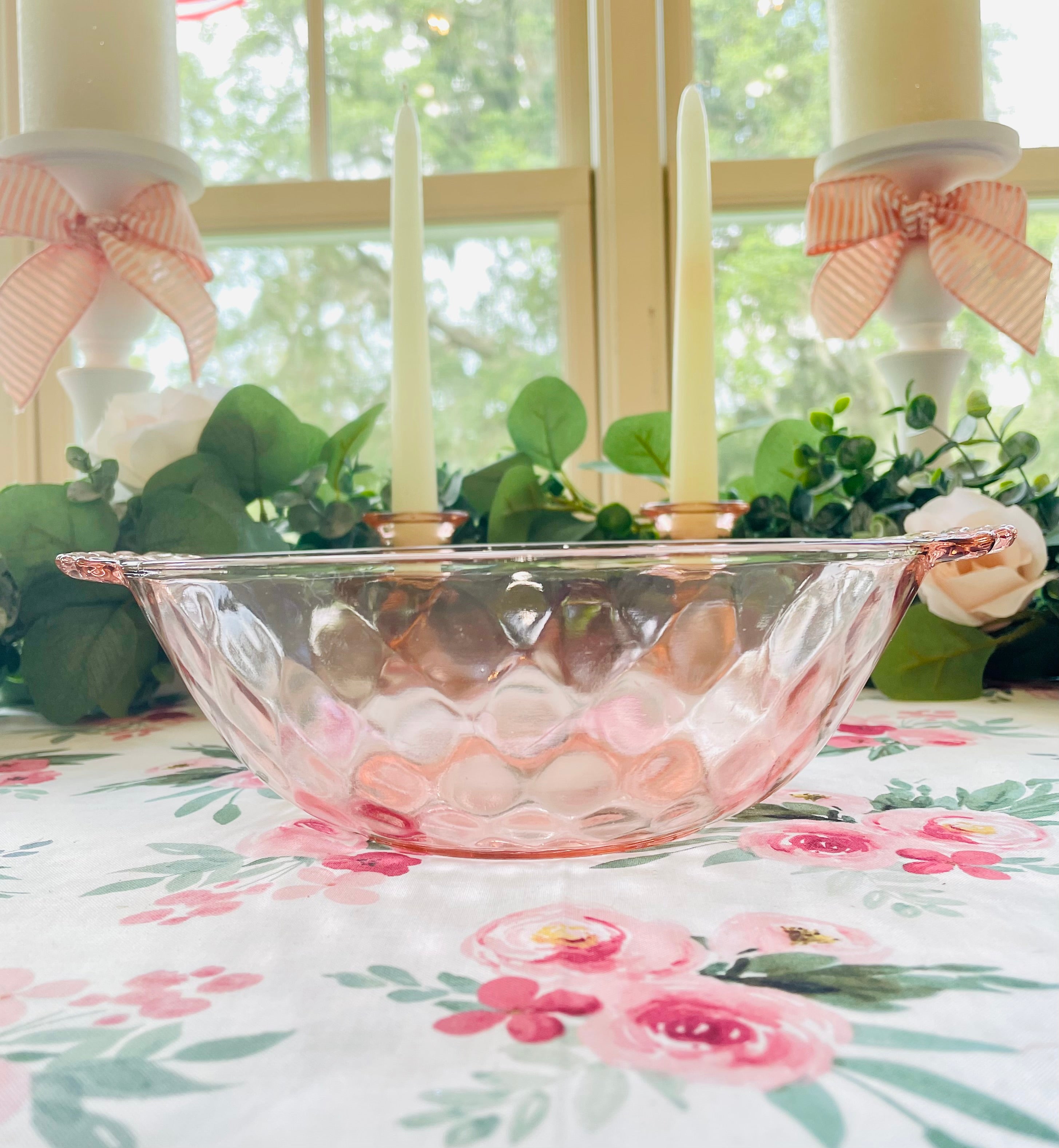 Berry Bowl Set, Hocking Satinized Diamond Optic Handle Pink Glass 1930's Vintage Dessert Bowl Set with Painted Dogwood 2024 Design