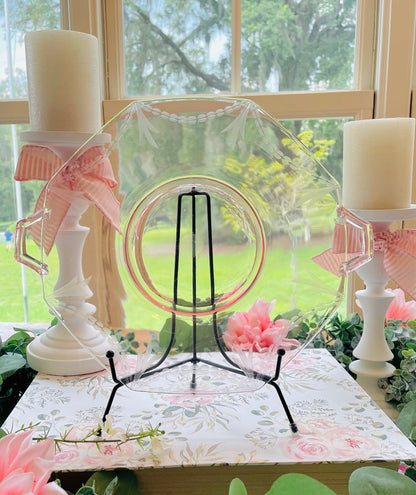 Antique Rare Pink Depression Glass Pearl Etched Octagon Shaped Serving Platter with Handles