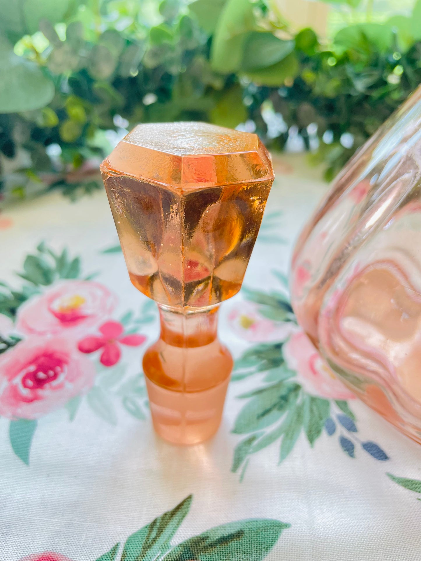 Rare Antique Classic Pink Depression Glass Decanter with Hexagon Shaped Stopper