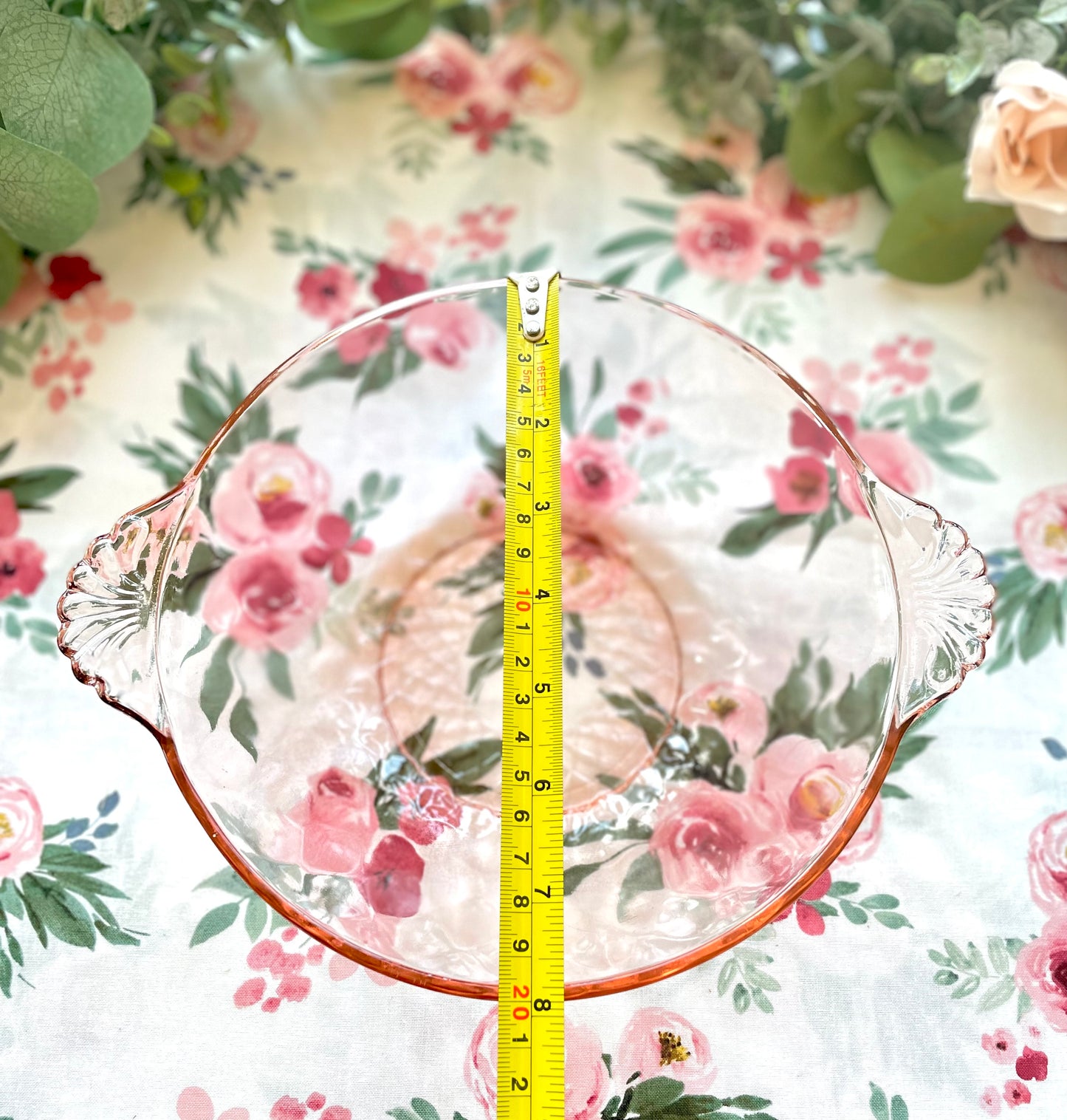 Antique 1930s Pink Depression Glass Berry Bowl with Ornate Glass Handles