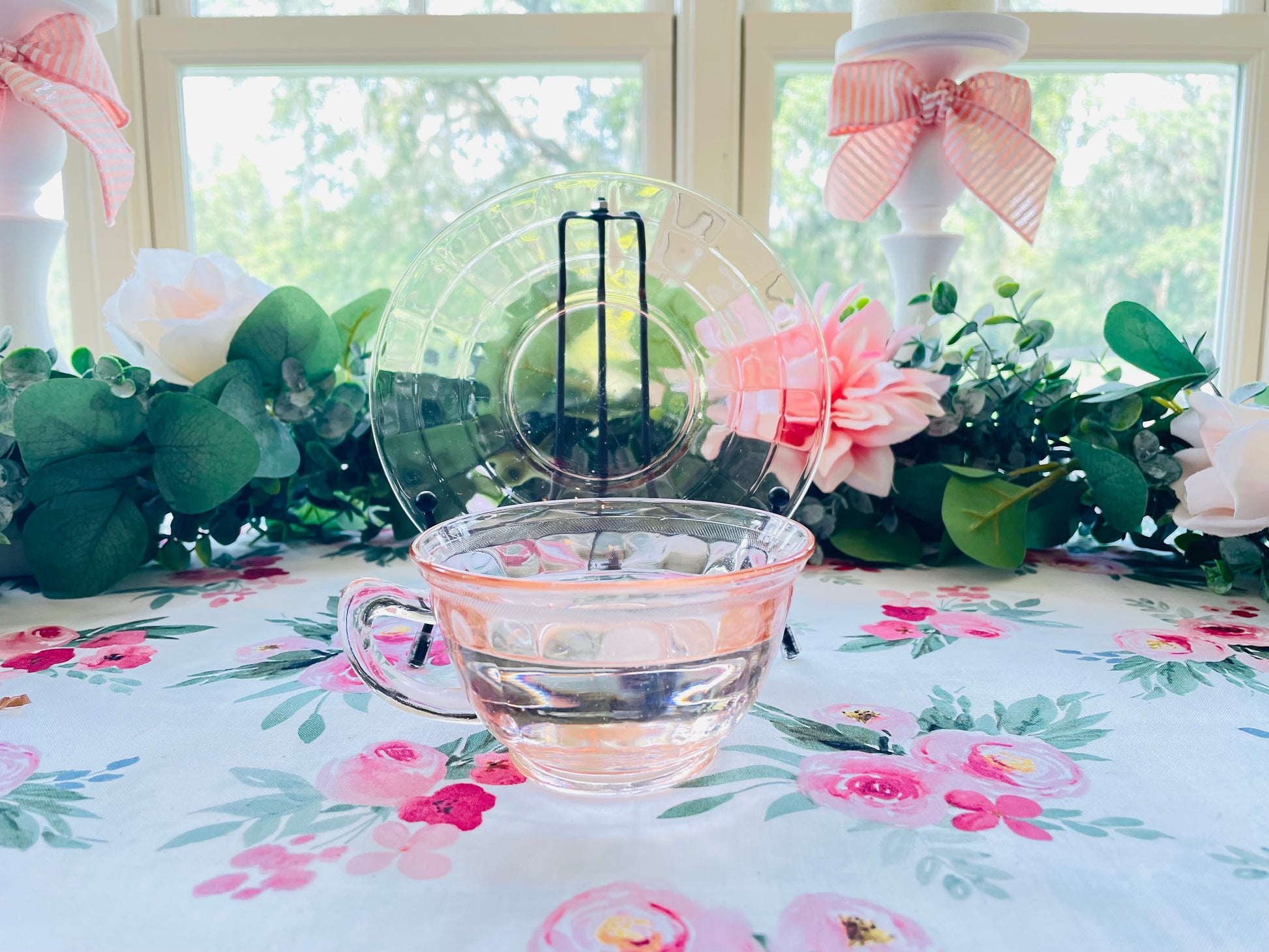 Antique Pink Depression Glass Square Optic Tea Cup and Saucer Set – The  Broken Bird Company