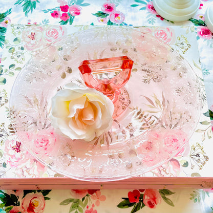 Antique Pink Depression Glass Oval Floral Etched Triangle Handle Sandwich Tray