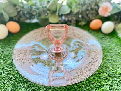 Antique Pink Depression Glass Oval Floral Etched Triangle Handle Sandwich Tray