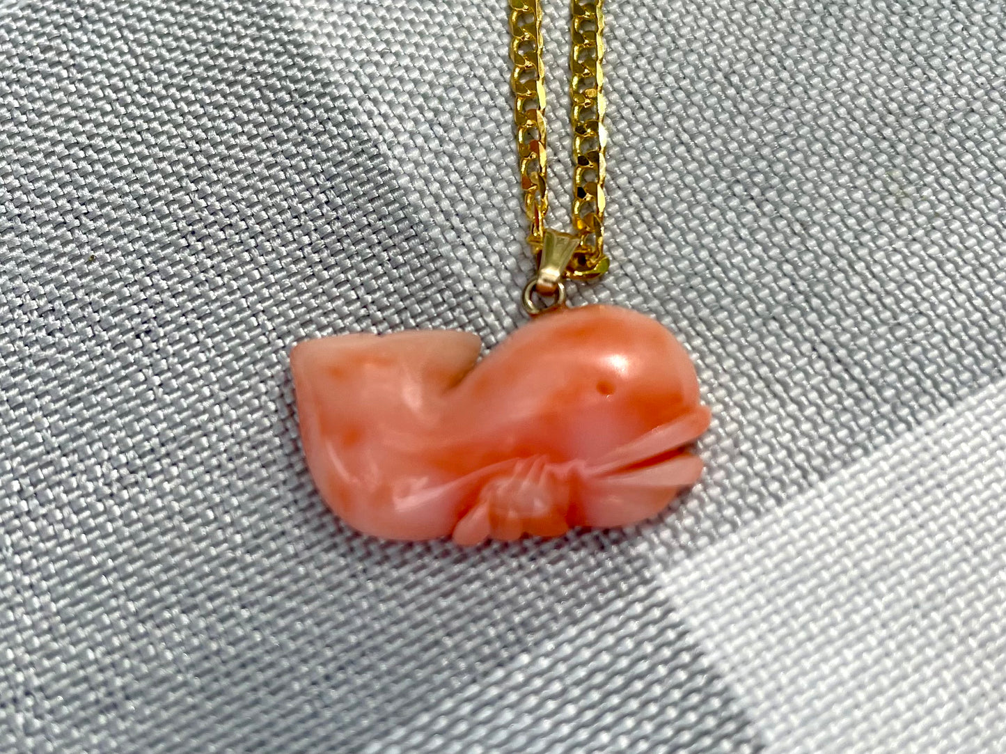 Rare Vintage Salmon Pink Coral Whale Pendant Necklace