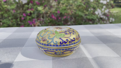 Vintage Cloisonné Enamel Hand Painted Powder Jar Trinket Box with White Flowers