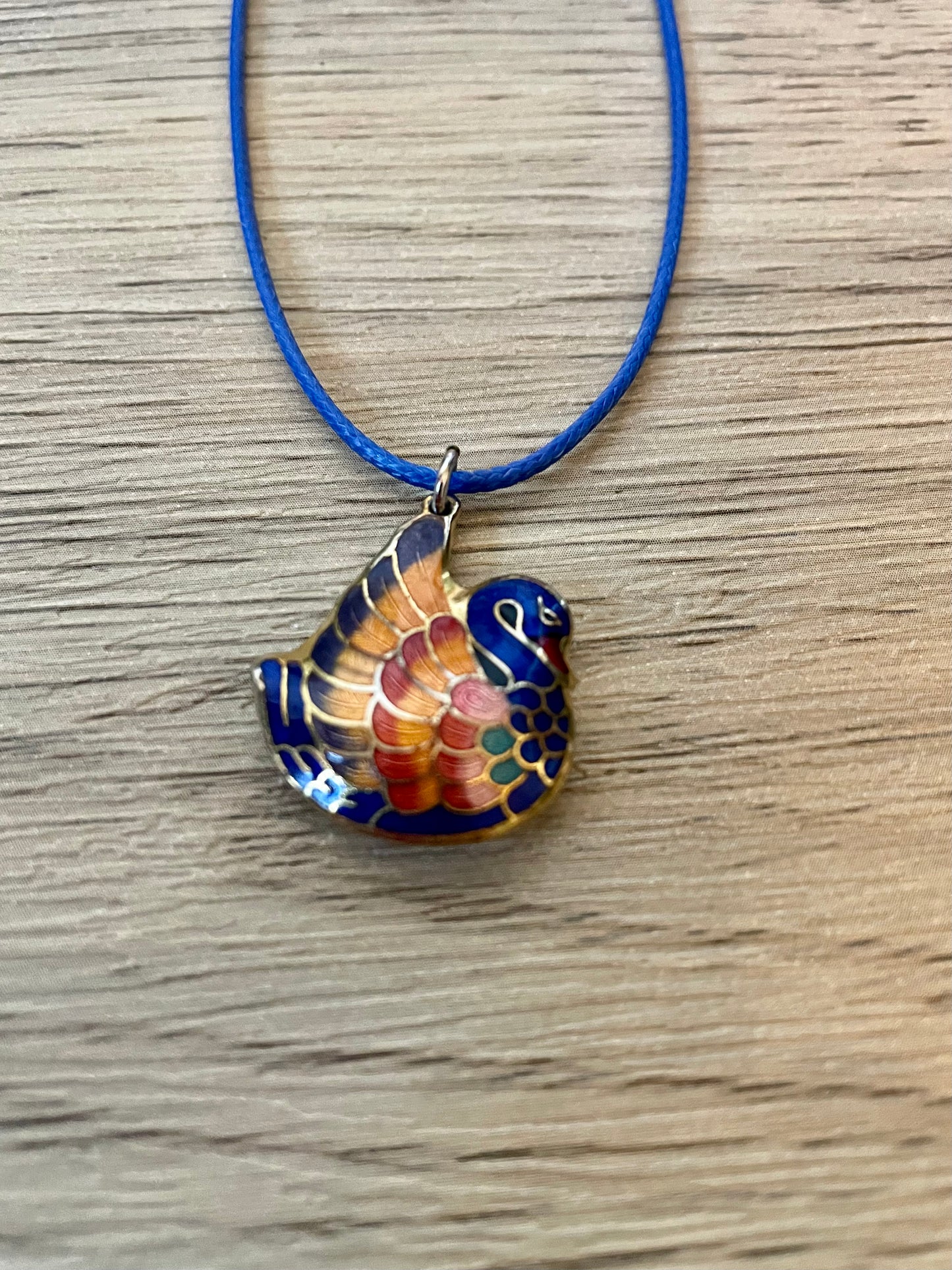 Vintage Cloisonne Rainbow Swan Puff Pendant Necklace