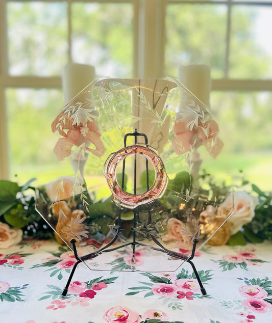 Antique Pink Depression Glass Octagon Shaped Pedestal Cake Stand with Etched Flowers