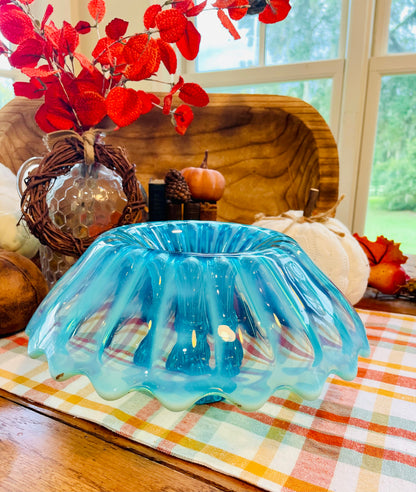 Rare Antique Blue Pearline 10 inch Bowl with Candle Holder Centerpiece