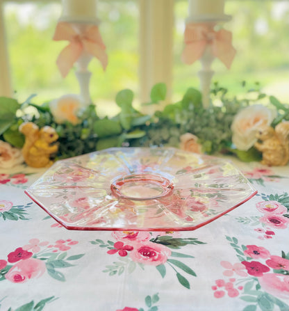 Antique Pink Depression Glass Octagon Shaped Pedestal Cake Stand with Etched Flowers