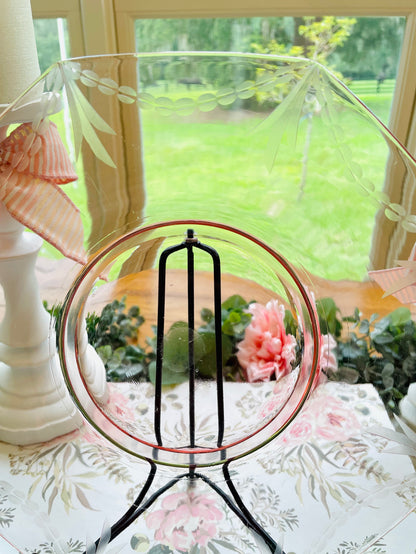 Antique Rare Pink Depression Glass Pearl Etched Octagon Shaped Serving Platter with Handles