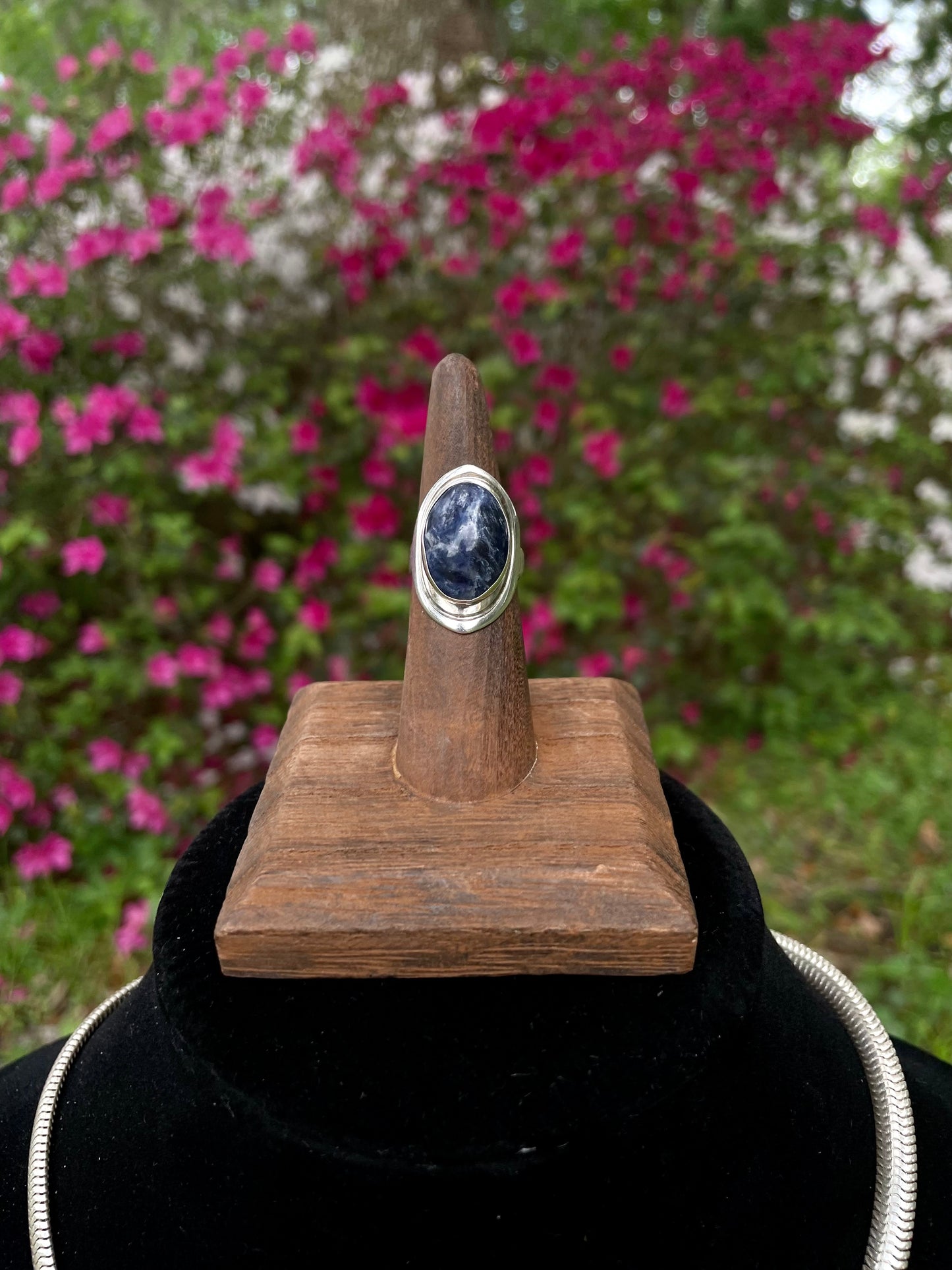 Vintage Blue Sodalite Stone and Sterling Silver Necklace and Ring Matching Jewelry Set