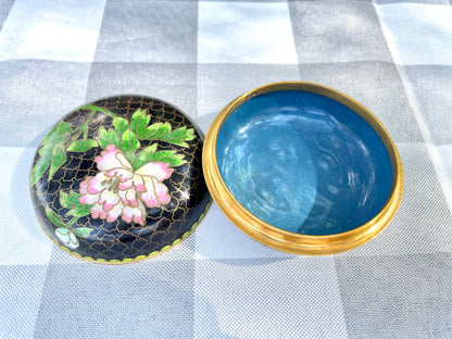 Vintage Cloisonne Black with Pink Flower Round Lidded Powder Jar Trinket Box