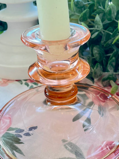 Antique Pink Depression Glass Tapered Etched Table Top Candle Holders