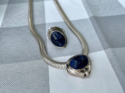 Vintage Blue Sodalite Stone and Sterling Silver Necklace and Ring Matching Jewelry Set