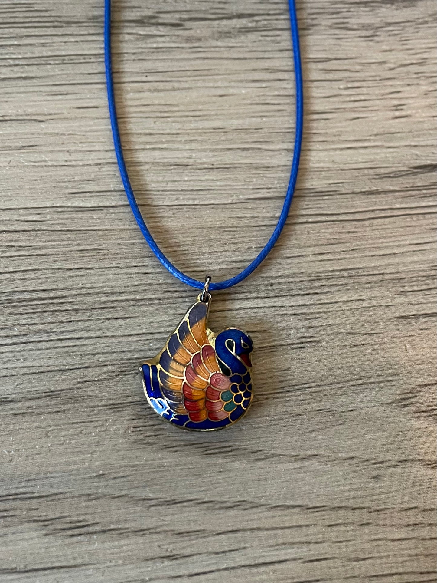 Vintage Cloisonne Rainbow Swan Puff Pendant Necklace