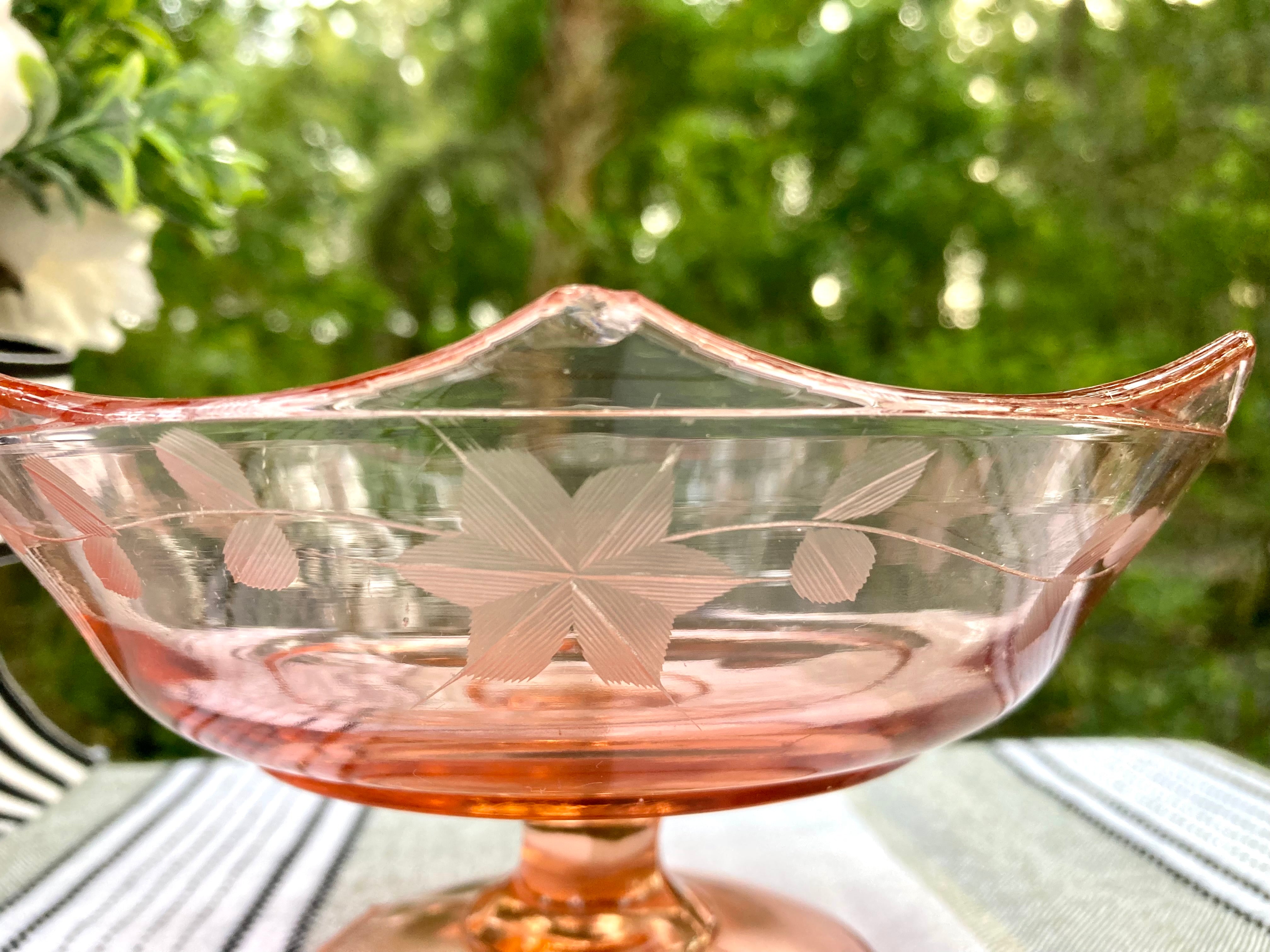 Vintage Depression Glass Etched orders Pedestal Bowl