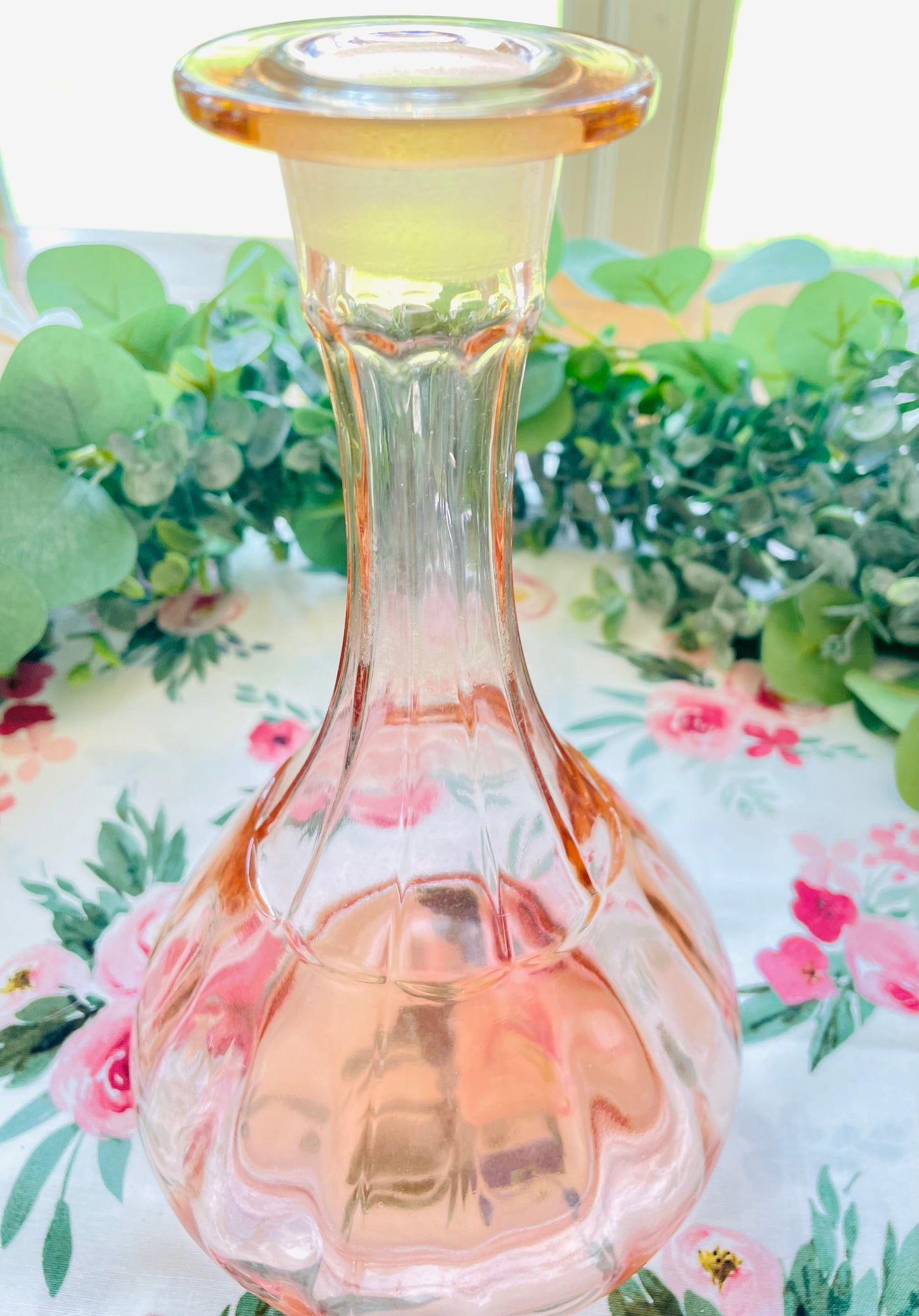 Rare Antique Classic Pink Depression Glass Decanter with Hexagon Shaped Stopper