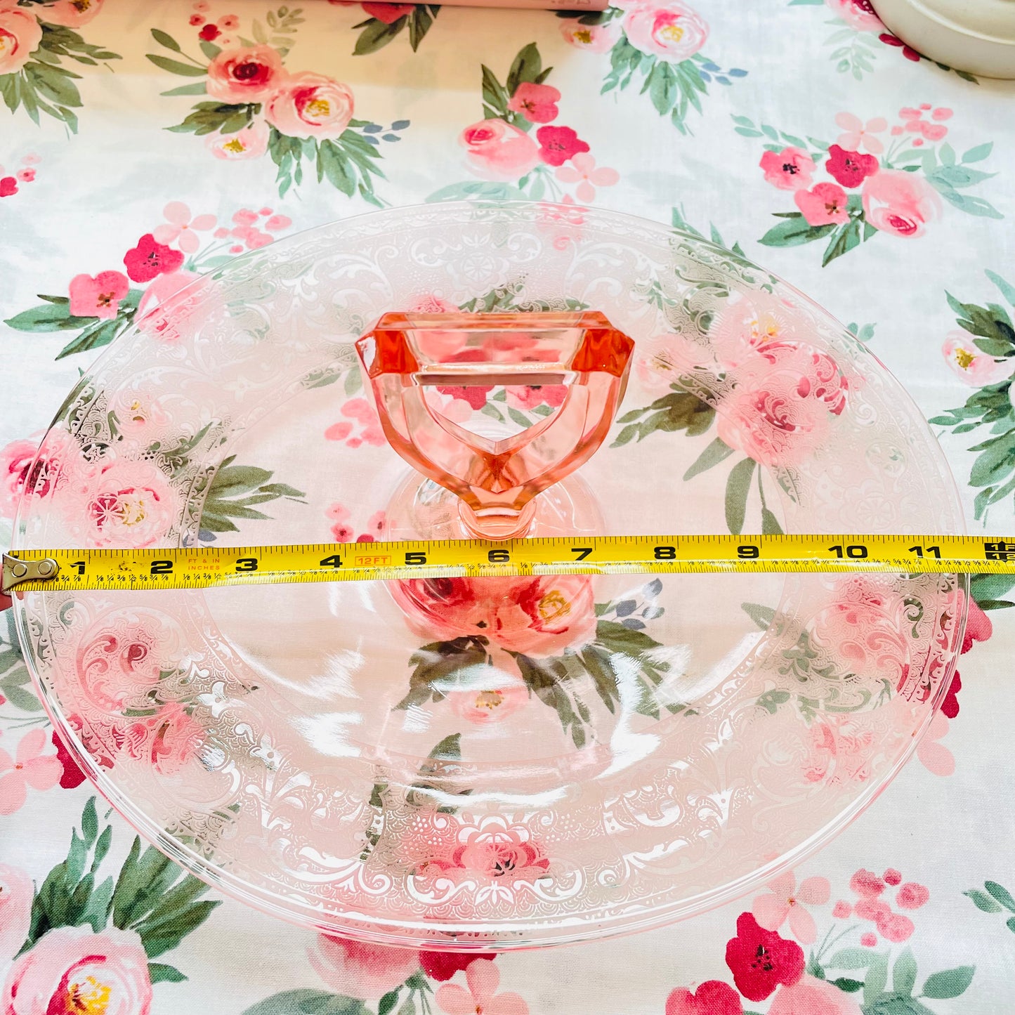 Antique Pink Depression Glass Oval Floral Etched Triangle Handle Sandwich Tray