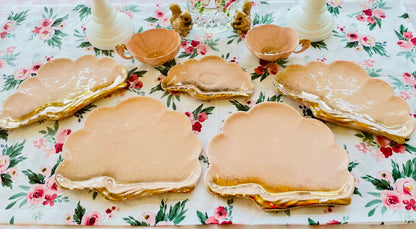 Vintage 1950s Shell Sea Ware Pink and Gold Glitter Sea Shell Shaped Dining Set with Sea Horse Tea Cups