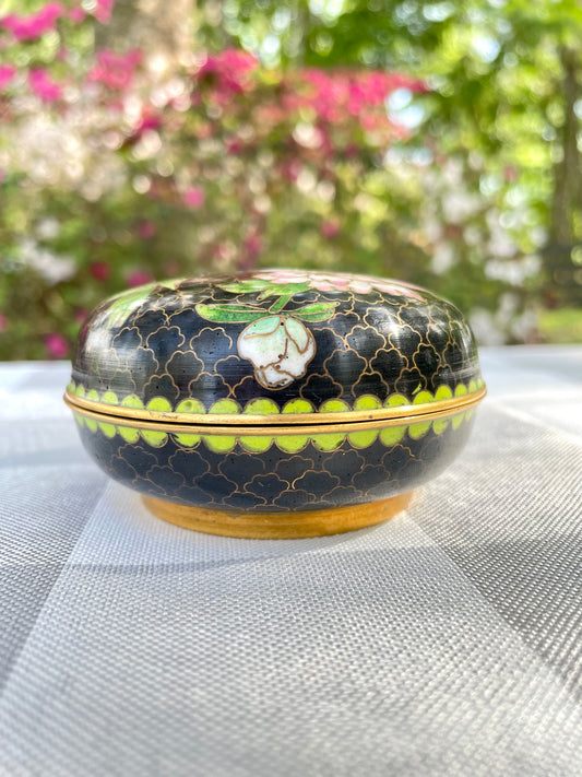 Vintage Cloisonne Black with Pink Flower Round Lidded Powder Jar Trinket Box