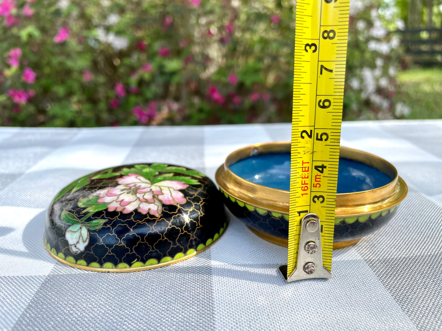 Vintage Cloisonne Black with Pink Flower Round Lidded Powder Jar Trinket Box