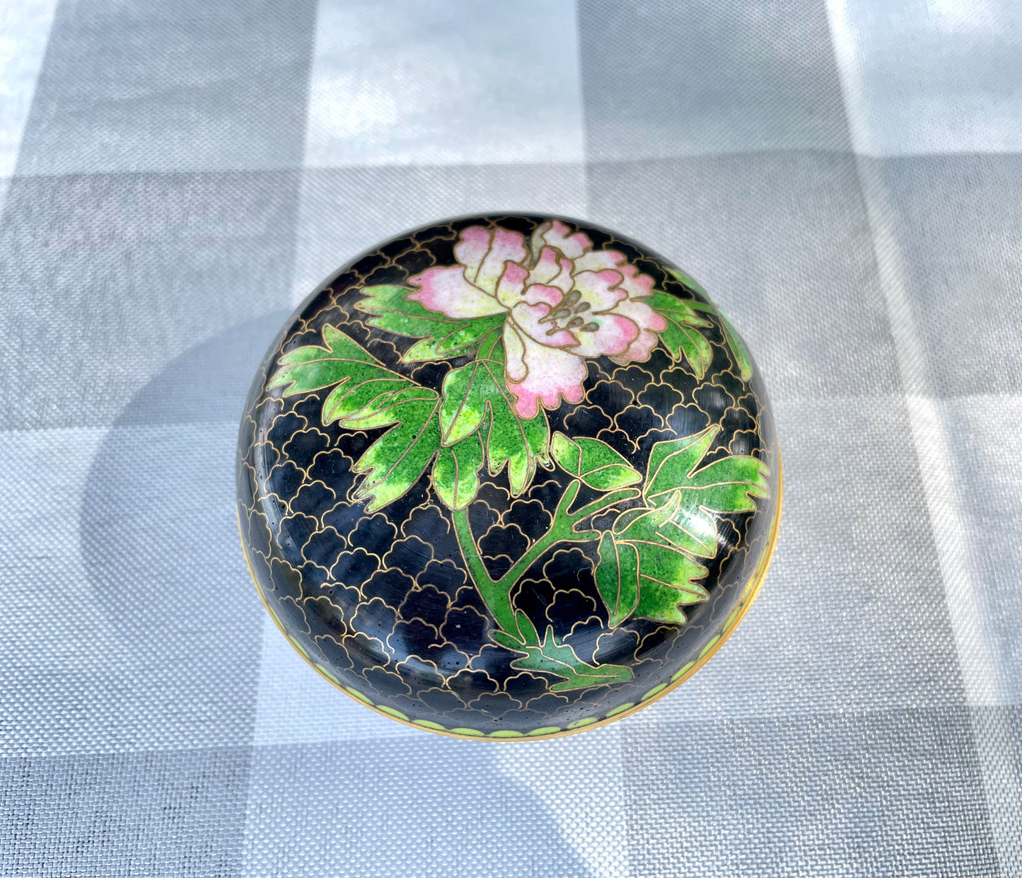 Vintage Cloisonne Black with Pink Flower Round Lidded Powder Jar Trinket Box