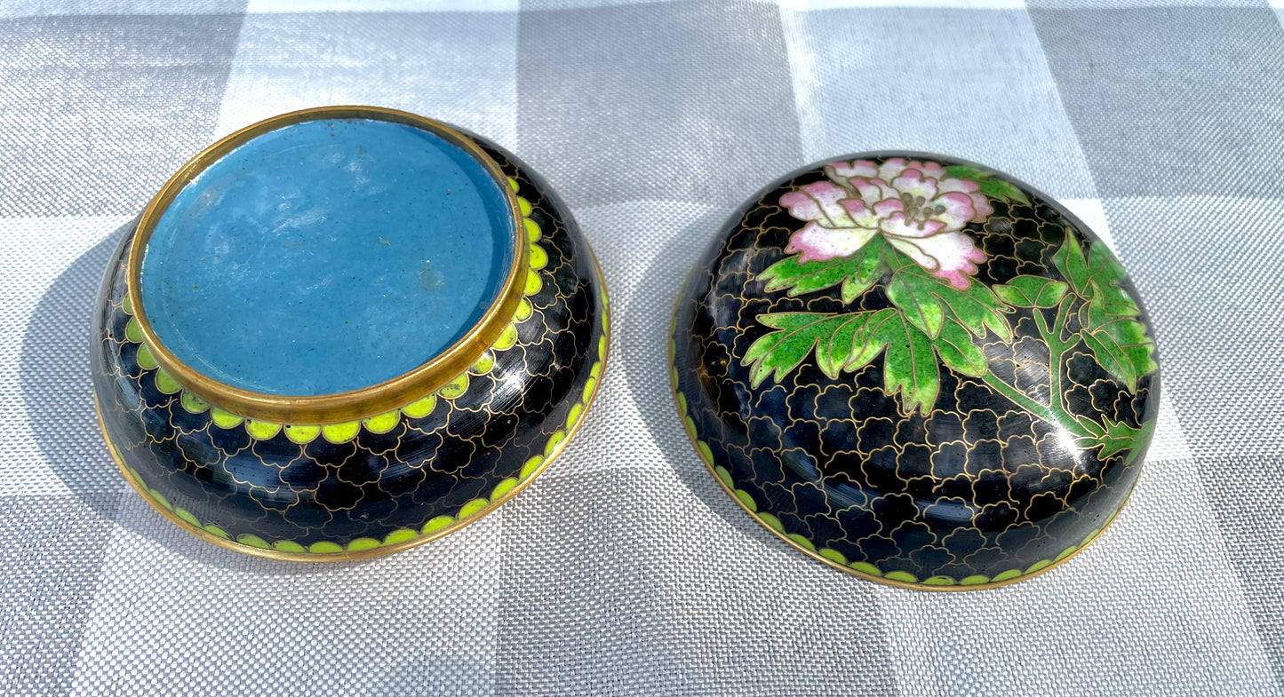 Vintage Cloisonne Black with Pink Flower Round Lidded Powder Jar Trinket Box