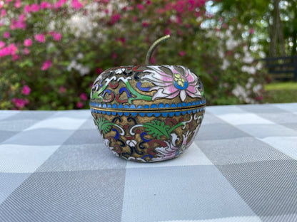 Vintage Cloisonne Ornate Enamel over Bronze Apple Trinket Box Candle