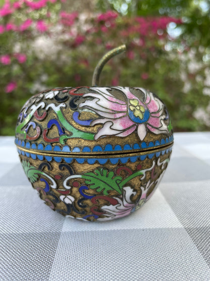 Vintage Cloisonne Ornate Enamel over Bronze Apple Trinket Box Candle