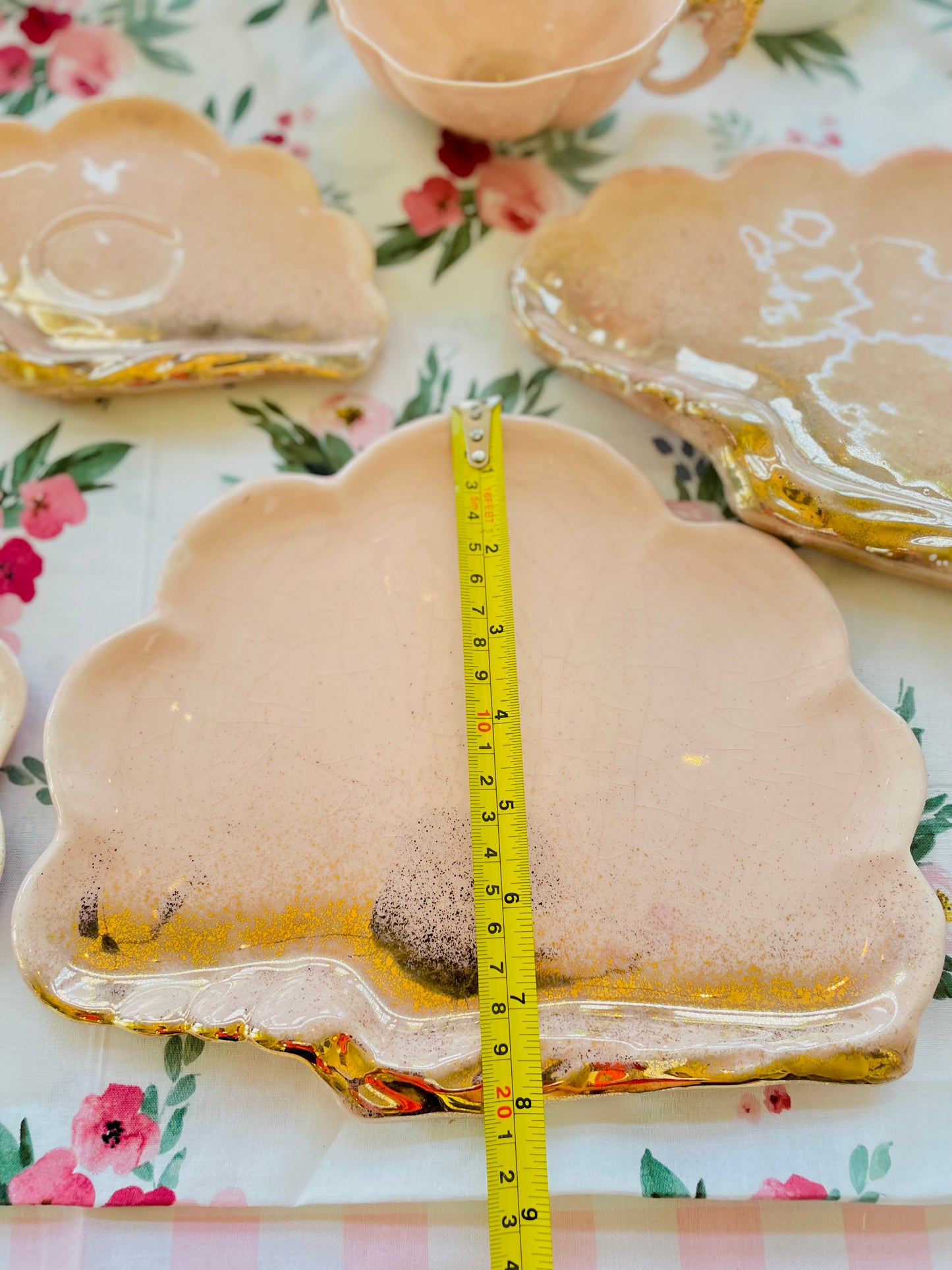 Vintage 1950s Shell Sea Ware Pink and Gold Glitter Sea Shell Shaped Dining Set with Sea Horse Tea Cups