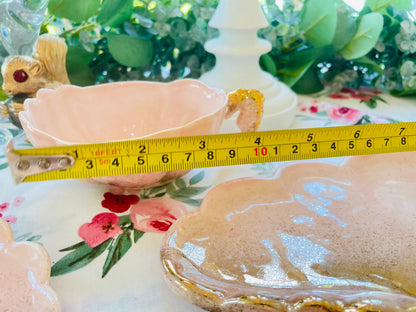 Vintage 1950s Shell Sea Ware Pink and Gold Glitter Sea Shell Shaped Dining Set with Sea Horse Tea Cups