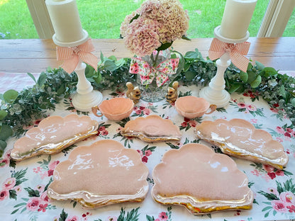 Vintage 1950s Shell Sea Ware Pink and Gold Glitter Sea Shell Shaped Dining Set with Sea Horse Tea Cups