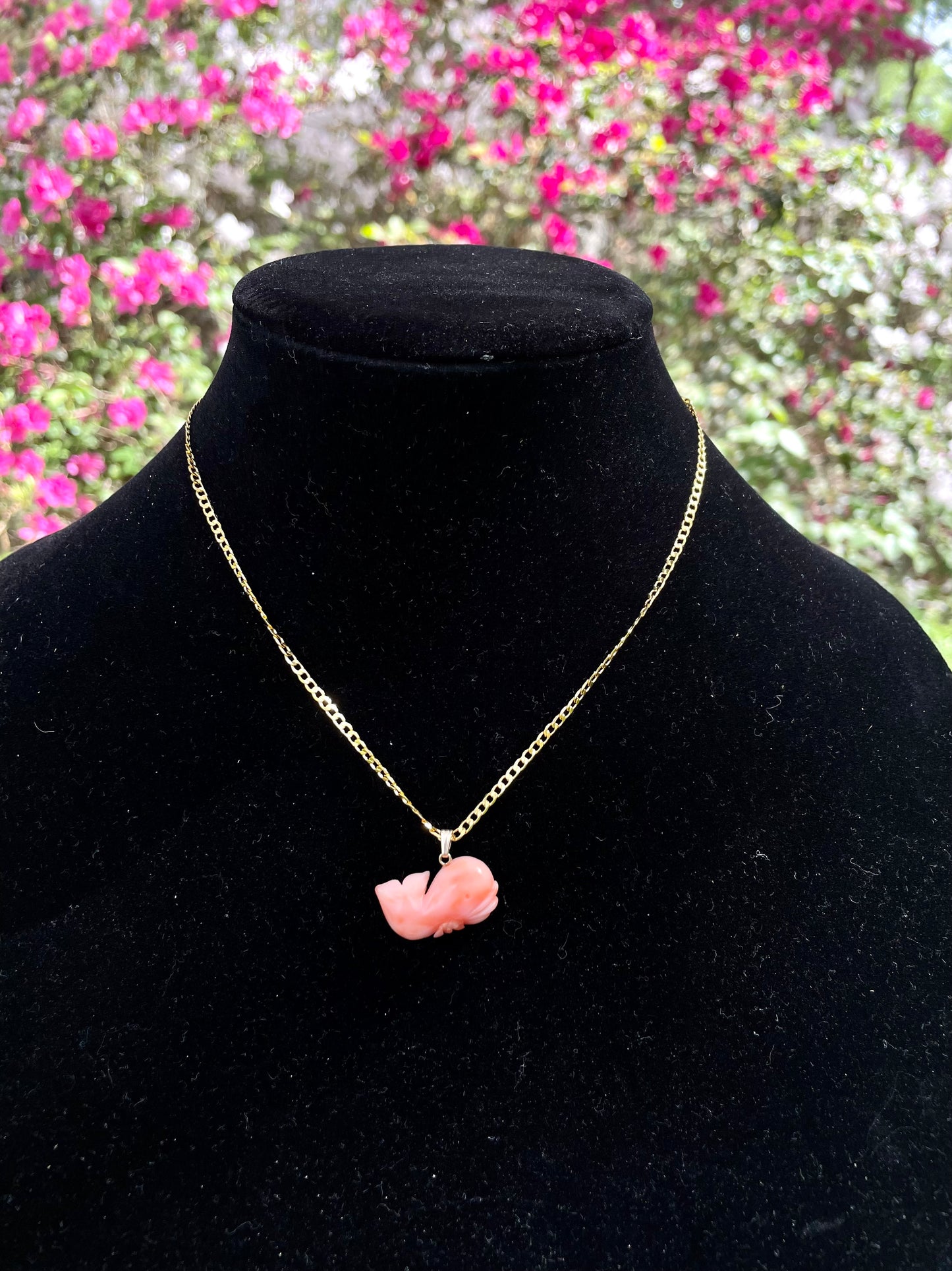 Rare Vintage Salmon Pink Coral Whale Pendant Necklace