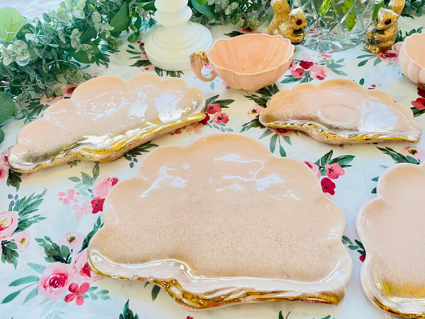 Vintage 1950s Shell Sea Ware Pink and Gold Glitter Sea Shell Shaped Dining Set with Sea Horse Tea Cups