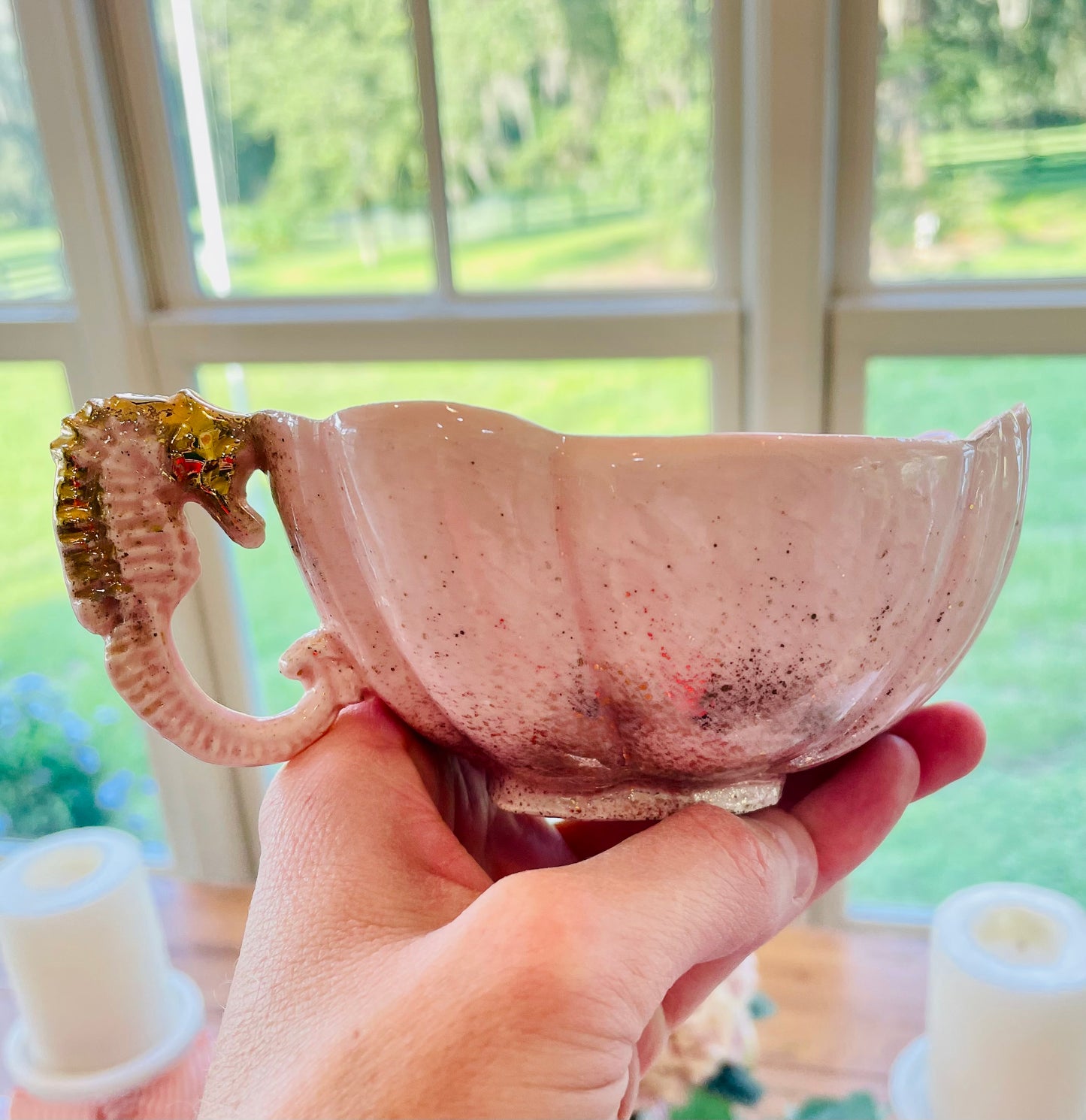 Vintage 1950s Shell Sea Ware Pink and Gold Glitter Sea Shell Shaped Dining Set with Sea Horse Tea Cups