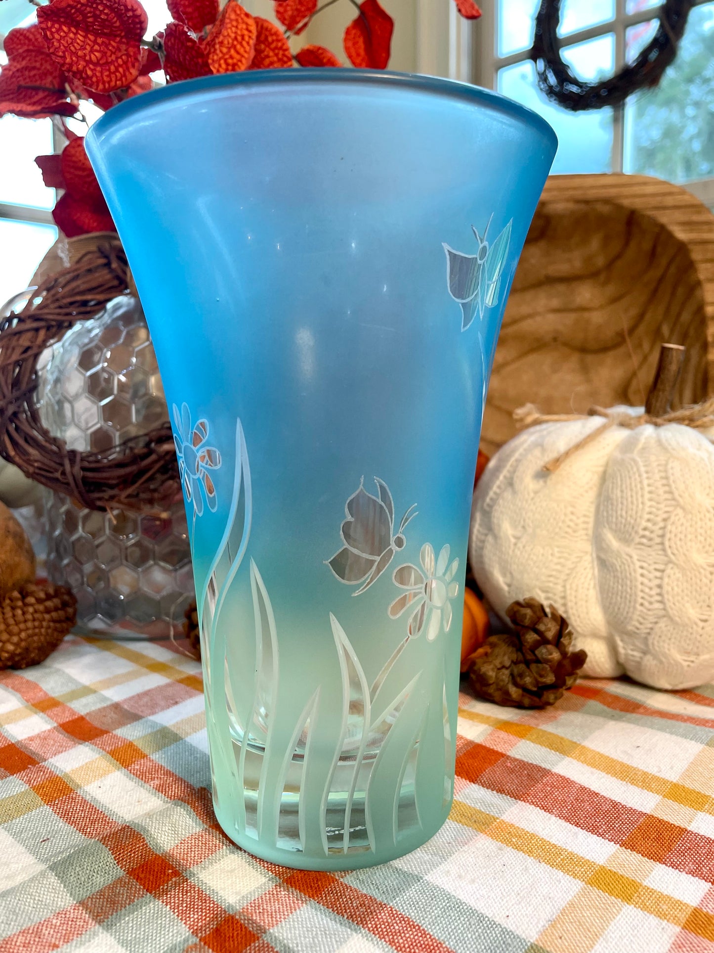 Vintage Lenox Crystal Frosted Ombre Vase with Flowers and Butterflies