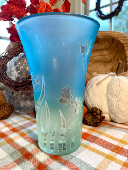 Vintage Lenox Crystal Frosted Ombre Vase with Flowers and Butterflies