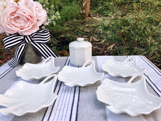 Vintage White Glass Lily Pad Shaped Sauce Dishes Set of 5 and Matching Ginger Jar with Lid