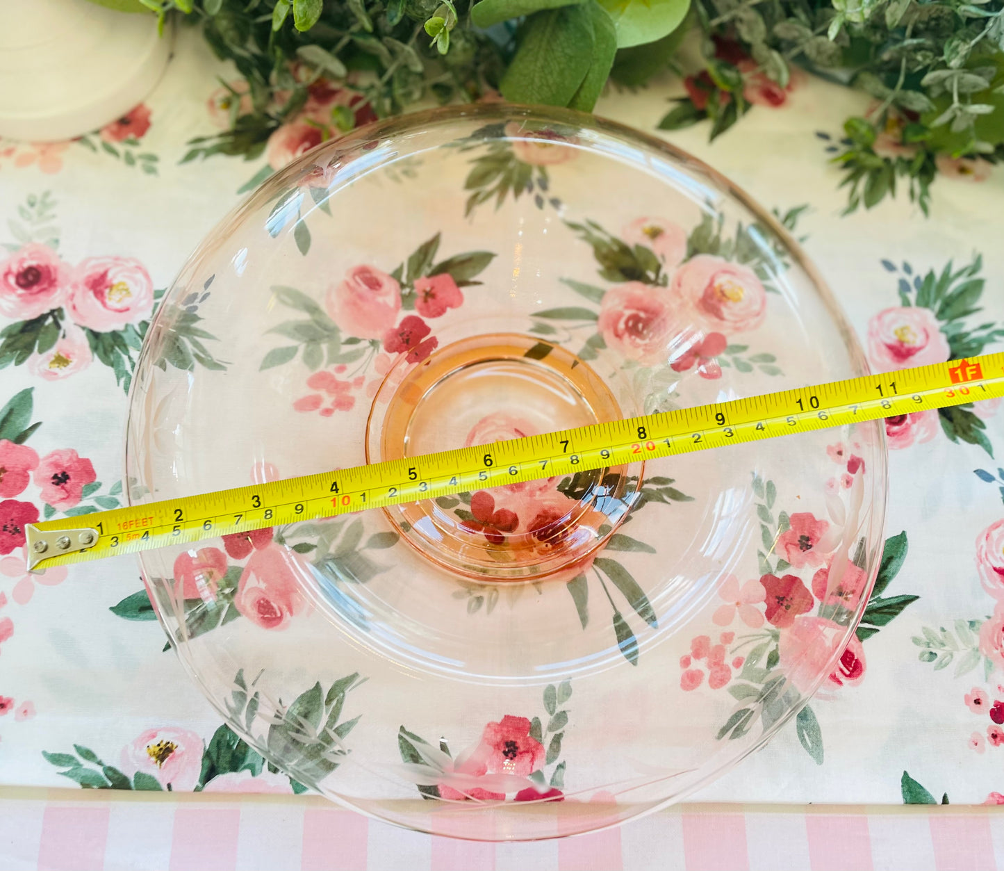 Antique 1930s Pink Depression Glass Etched Rolled Edge Console Bowl