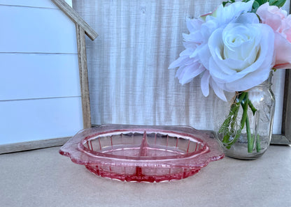 Antique Pink Depression Glass Ornate Jeannette Adam Floral Etched Square Shaped Divided Dish