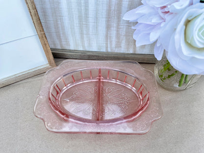 Antique Pink Depression Glass Ornate Jeannette Adam Floral Etched Square Shaped Divided Dish