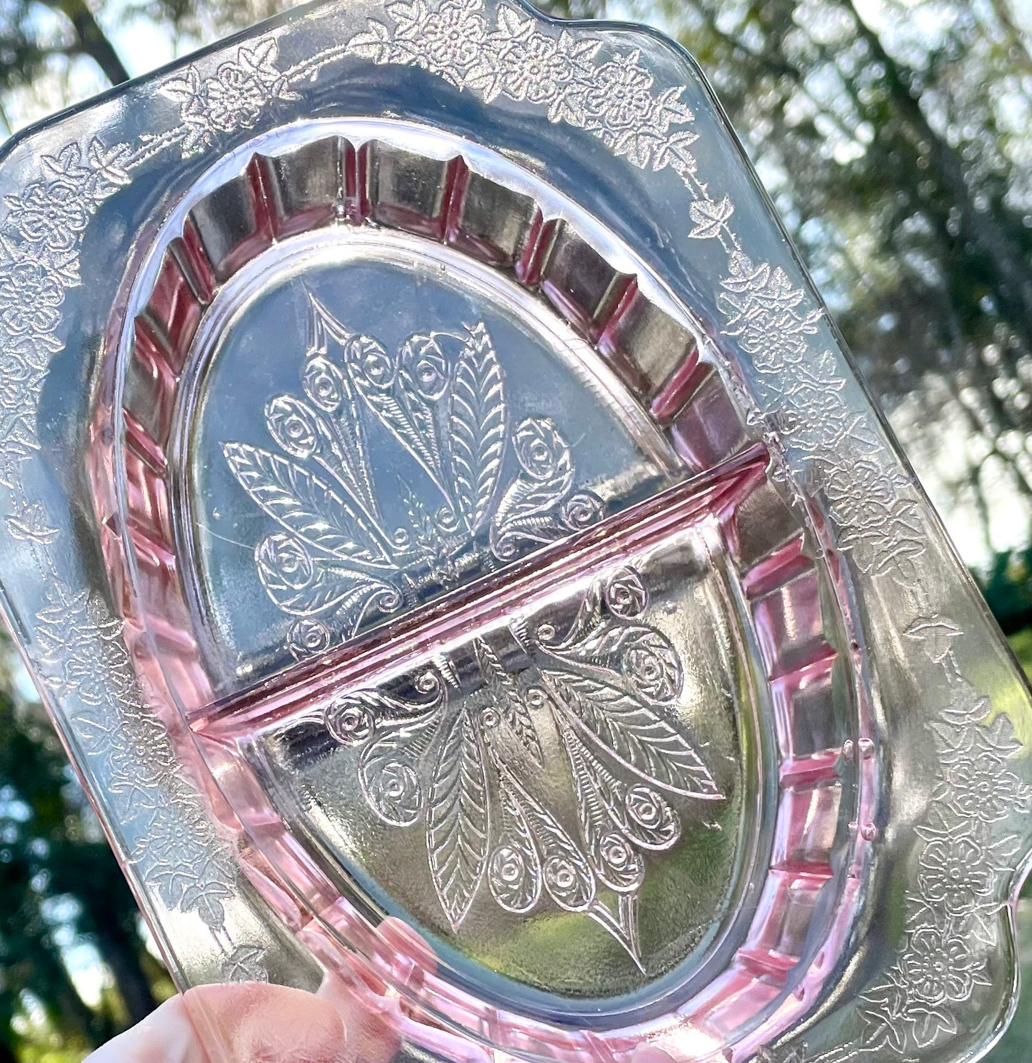 Antique Pink Depression Glass Ornate Jeannette Adam Floral Etched Square Shaped Divided Dish