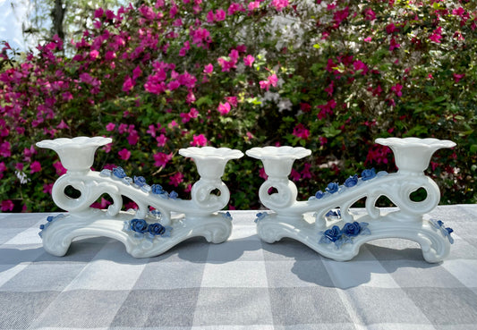 Antique Gerold Porzellan Bavarian White Glazed Porcelain Double Candlestick Holder Set with Tiny Blue Flowers