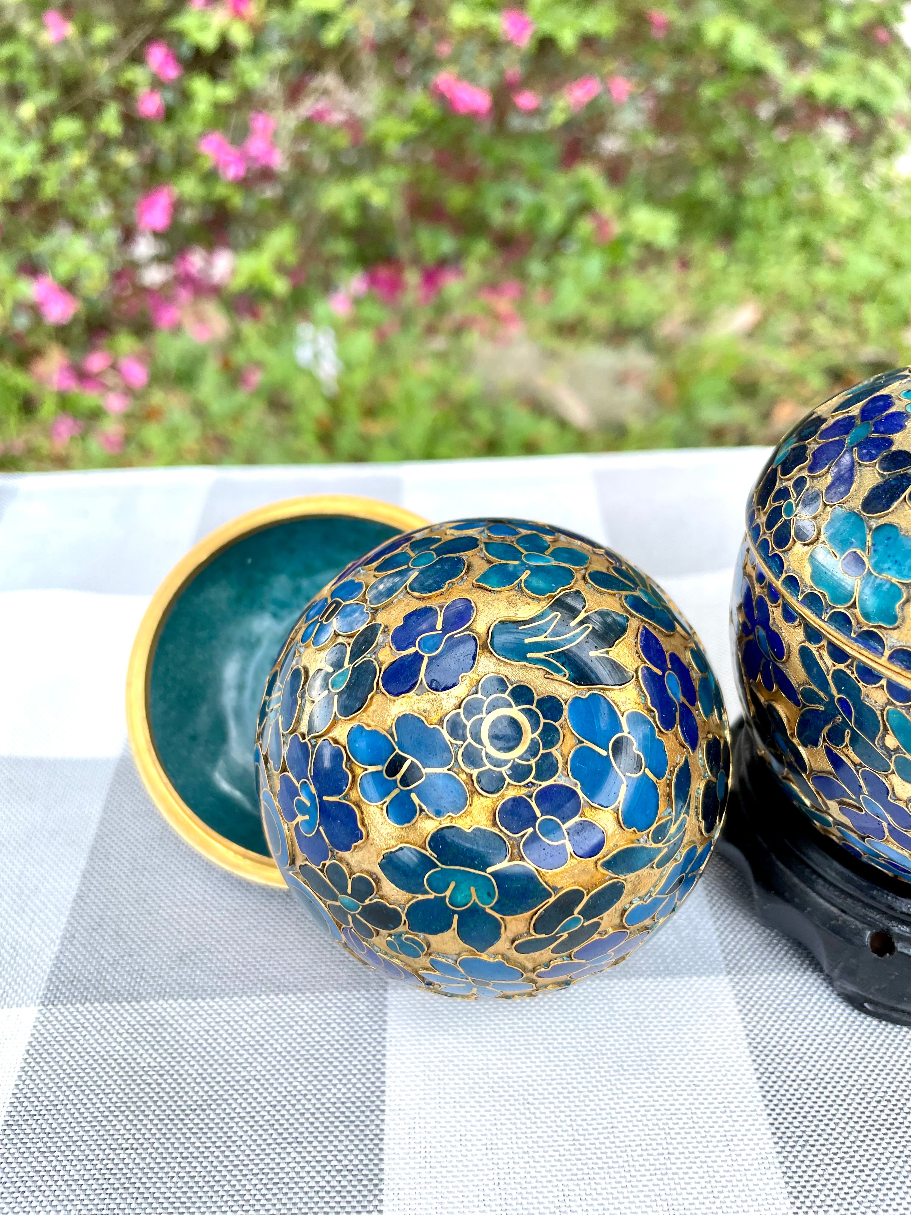 Vintage Blue Cloisonne popular Enamel Floral Round Box