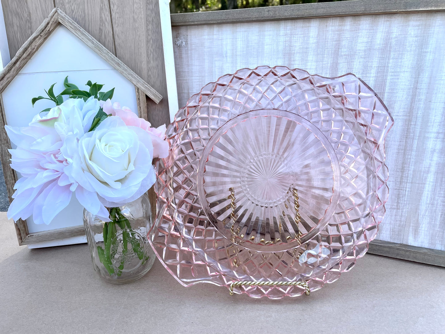 Antique Pink Depression Glass Diamond Pattern 11.5 inch Platter with Handles