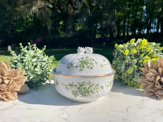 Vintage Hollohaza Hungary Green and Gold Rose Dish