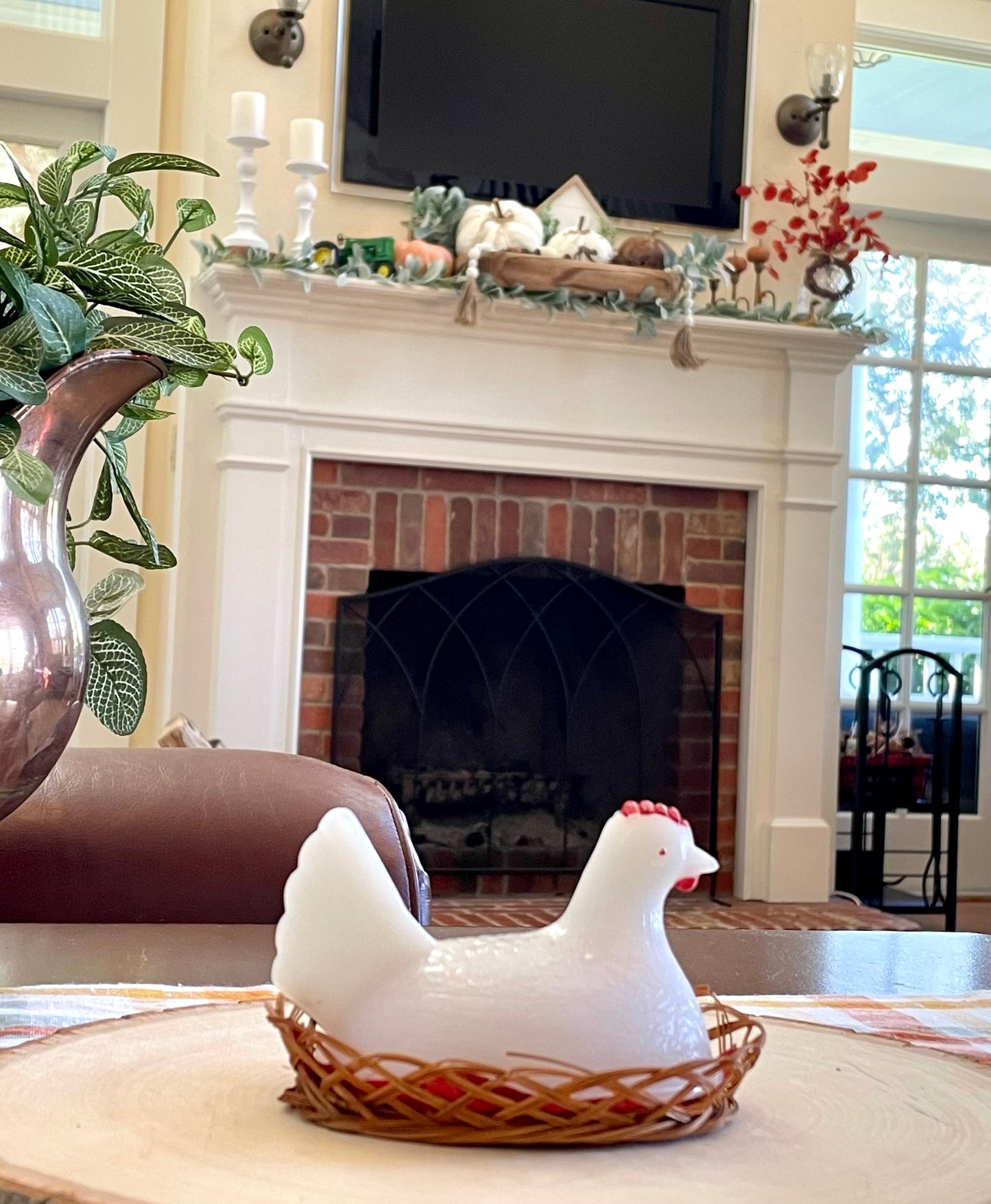 Vintage White Milk Glass Chicken with Red Comb Hen in a Wicker Basket