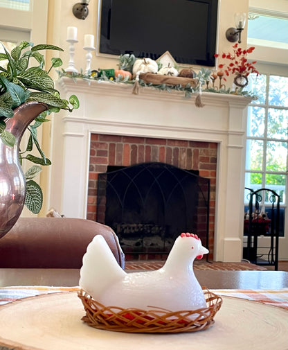 Vintage White Milk Glass Chicken with Red Comb Hen in a Wicker Basket